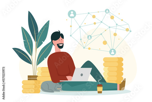 Rich man using laptop to invest gold money coins. Tiny investor analyzing stock market, internet network analysis for investment flat vector illustration. Passive income, freelance, profit concept