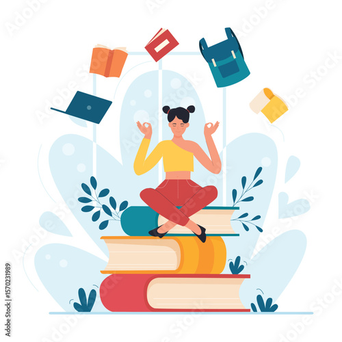 Yoga meditation of student sitting in lotus pose on stack of books. Tiny girl with flying notebook, textbook, laptop and school backpack flat vector illustration. Education, wellness, study concept