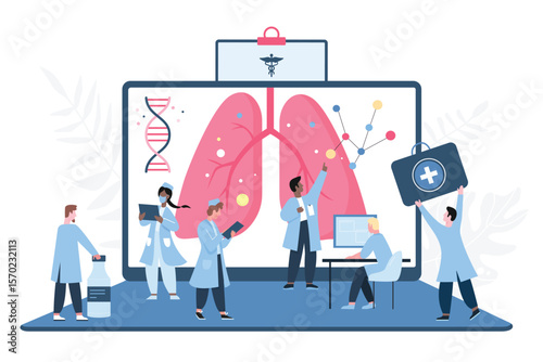 Medical diagnostics of lung diseases by tiny doctors pulmonologists using laptop. Online consultation for diagnosis and therapy for patient in clinic flat vector illustration. Healthcare concept