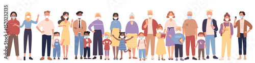Diverse group of people wear masks on faces for health protection. Cartoon adult persons and kids standing in row together, international crowd of different culture and nationality vector illustration