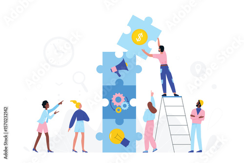Teamwork of tiny people on business project development. Partner characters collaborate and move pieces of puzzle jigsaw, man standing on ladder flat vector illustration. Partnership, solution concept