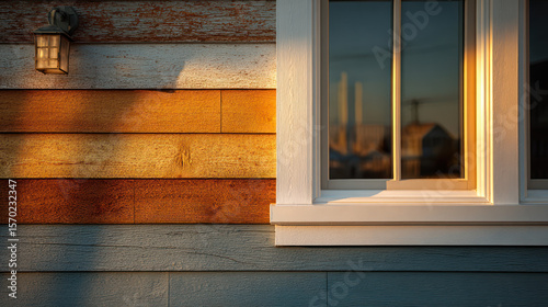 Home exterior siding replacement showing old weathered boards next to new composite materials with golden hour lighting.