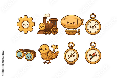 Steampunk adventure vector illustration: whimsical icons for design and print in flat style