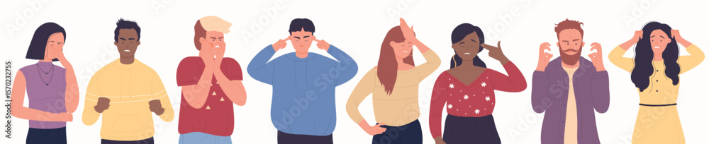 Stress and bad emotions of unhappy adult people vector illustration. Cartoon man and woman arguing, frustrated guy covering ears and head with arms, sad annoyed girl with headache isolated on white Stress and bad emotions of unhappy adult people vector illustration. Cartoon man and woman arguing, frustrated guy covering ears and head with arms, sad annoyed girl with headache isolated on white