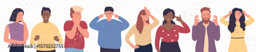 Stress and bad emotions of unhappy adult people vector illustration. Cartoon man and woman arguing, frustrated guy covering ears and head with arms, sad annoyed girl with headache isolated on white