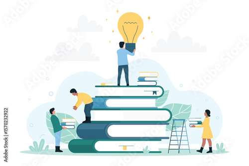 Organization, search and collection of digital information. Cartoon tiny managers work with organized archives, collect book in big stacks flat vector illustration. Database, management concept