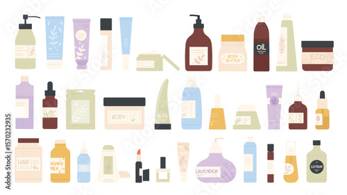 Cosmetics, makeup and skincare products set vector illustration. Cartoon moisturizer lotion and cream, gel and shampoo in plastic bottles, containers and tubes isolated on white. Beauty, salon concept