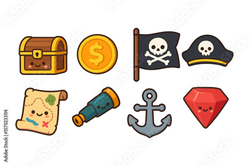 Cute pirate treasure elements vector illustration for kids' design projects