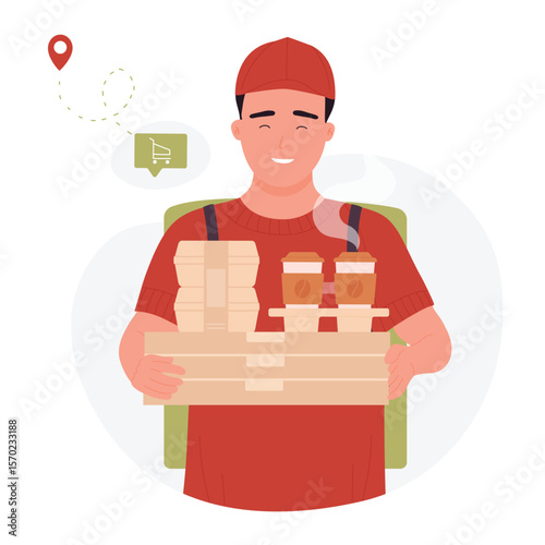Courier in face mask holding pizza and fast food boxes, hot coffee package. Cartoon boy in red uniform and cap delivering orders from cafe or restaurant flat vector illustration. Safe delivery concept
