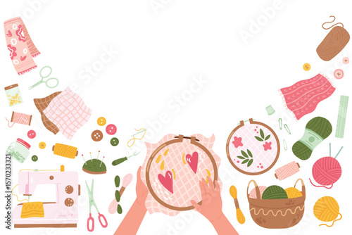 Creative art master class, lesson and workshop for children banner vector illustration. Cartoon hands holding hoop with embroidery, tools for sewing and knitting background. Education, hobby concept