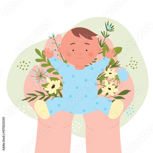Hands hold happy newborn boy and flowers with plants. Assistance, medical support and love for baby from parent, child in palms of adult flat vector illustration. Childbirth, family, trust concept
