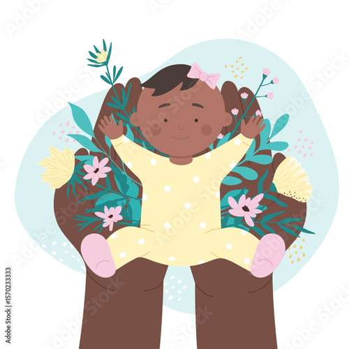 Hands holding infant girl, leaf and flower. Happy newborn baby with cute face and bow in hair lying with smile on palms of adult flat vector illustration. Adoption, new family, love and care concept