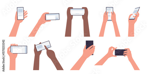 Hands of people hold phones set, tap, scroll and touch screen with fingers vector illustration. Cartoon arms holding smartphones to read website information, making selfie or chat isolated on white