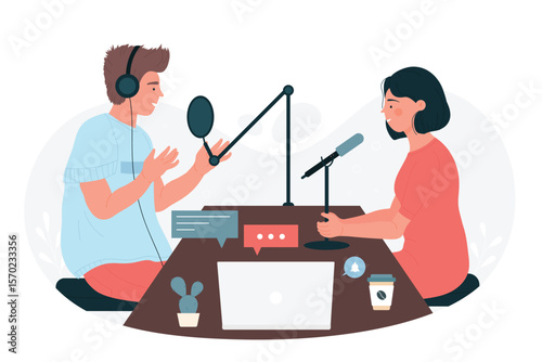 Discussion between journalist radio host and guest on broadcast show. People record audio podcast with laptop, talk in microphones flat vector illustration. Celebrity, multimedia production concept