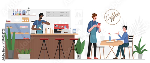 Coffee shop, cafeteria or restaurant interior with barista behind bar counter, customer. Cartoon man sitting at table of cafe, making order to waiter flat vector illustration. Catering service concept