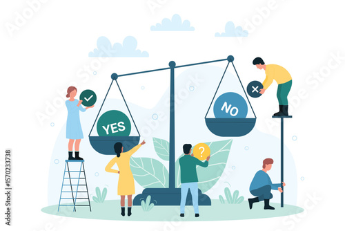 Comparison of yes and no choice, decisions on balance scales by team of tiny people. Cartoon persons compare minuses and pluses, think about survey flat vector illustration. Business analysis concept