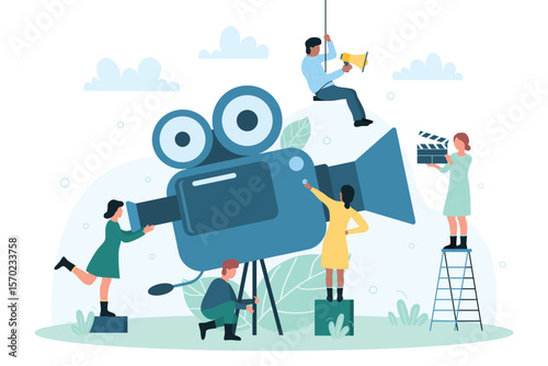 Video recording process, cinema production. Cartoon professional team of tiny characters with clapperboard and camera making movie flat vector illustration. Videography, cinematography concept