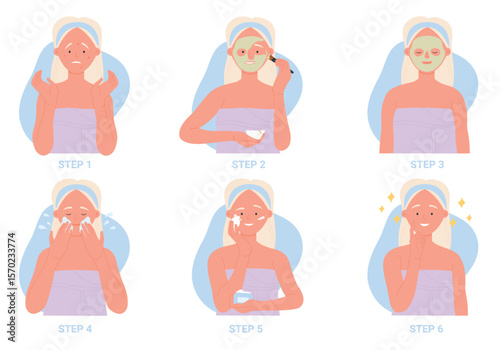 Facial skin care steps, cosmetic procedures for acne treatment infographic set vector illustration. Cartoon girl cleaning face with mud mask, foam cleanser isolated white. Routine, method concept