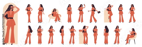 Fashion woman poses set vector illustration. Cartoon young lady model with red fashionable elegant clothes, stylish high heel shoes, sunglasses and long black hair standing, collection isolated white