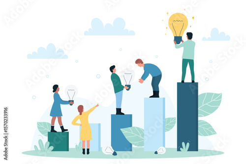Idea development, success solutions of innovation and strategy. Cartoon tiny business people develop ideas, leader standing on top of chart holding bright light bulb flat vector illustration. concept