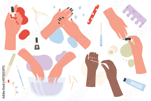 Nail care, spa procedures set vector illustration. Cartoon female hands hands holding tools and nail polish for manicure in beauty salon isolated white. Cosmetics, skincare and hygiene concept
