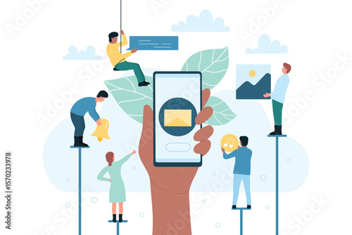 Social media communication and messenger notification. Cartoon hand holding mobile phone with chat app, tiny people with message bubbles, picture flat vector illustration. Network, application concept
