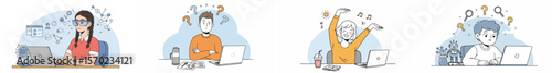 Cartoon illustration of four people engaged in digital work and creative expression