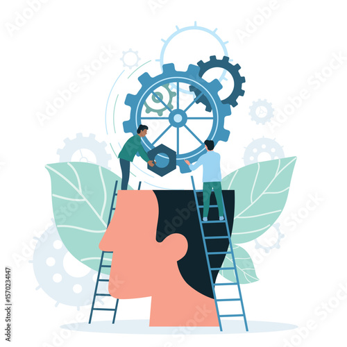 Brainstorm, project developement and skills growth in workers brain. Cartoon tiny people work with gears and connect cogwheels in abstract human head flat vector illustration. Expertise concept