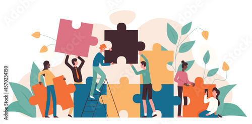Community of business people building teamwork and cooperation. Cartoon corporate tiny characters connect and match puzzle parts together, make achievement flat vector illustration. Challenge concept