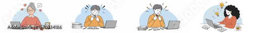 Four-panel illustration of a female character working at a laptop, showing a journey from frustration to success