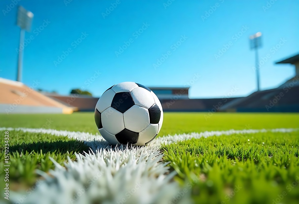 Fototapeta premium Generative AI soccer ball on a green stadium field ready for play
