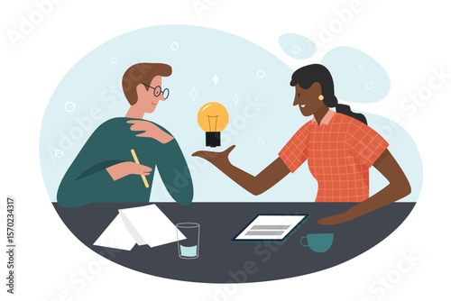 Team sharing creative working idea. Brainstorming meeting, people collaboration and communication cartoon vector illustration