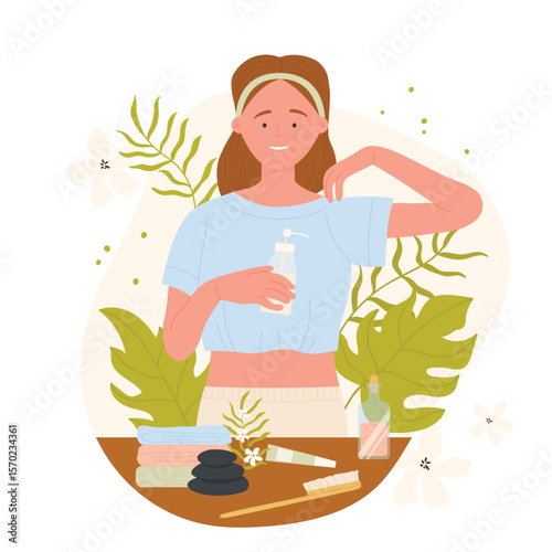Skincare routine of girl, beauty procedures and spa treatment. Cartoon portrait of cute smiling brunette woman cleansing and moisturizing with cream or lotion skin of face flat vector illustration