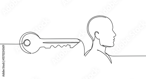 Key entering human back in minimal one-line style for access concept