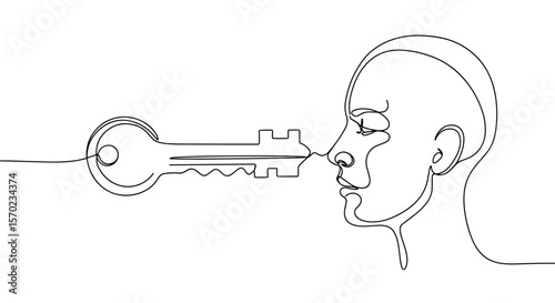 Key unlocking human face in line style for identity and mind access