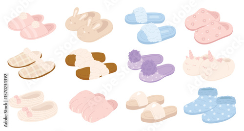 Cute slippers set vector illustration. Cartoon pair of home shoes, warm clothing for male and female feet, funny fluffy or rubber footwear collection isolated on white. Household, garment concept