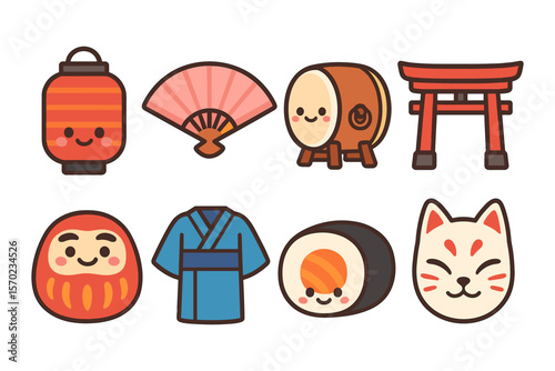 Cute japanese icons vector illustration: flat style design for poster or card