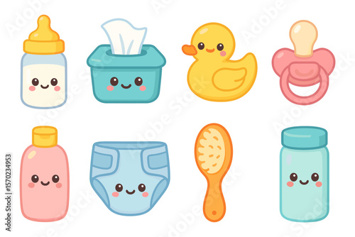 Cute baby essentials vector illustration for nursery decor and baby shower design in kawaii style