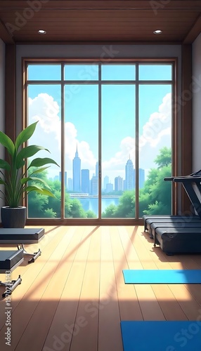 Generative AI sunny home gym city view fitness space