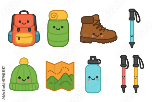 Cute hiking gear icons vector illustration for outdoor adventure design