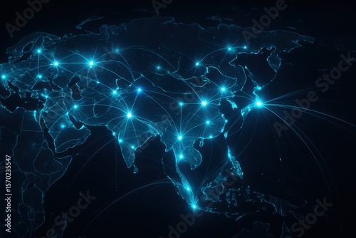 Digital network map of Asia with glowing connection nodes and fiber optic pathways in futuristic blue theme