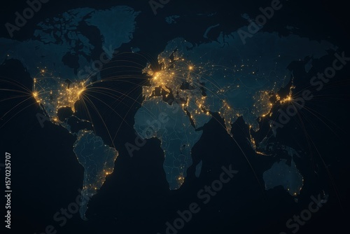 Dynamic global network visualization with illuminated connection points linking major cities across world map