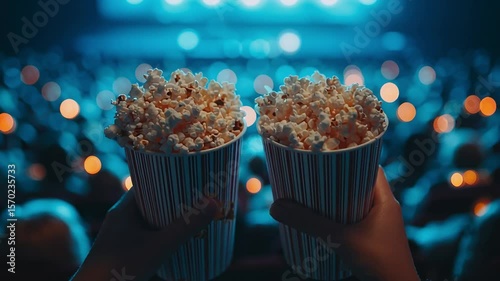 Two popcorn buckets held up at a movie theater with blurred background lights