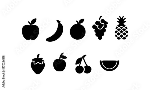 Collection of Fresh Fruit Icons Apple, Banana, Orange, Grape, Pineapple, Strawberry, Cherry, Watermelon