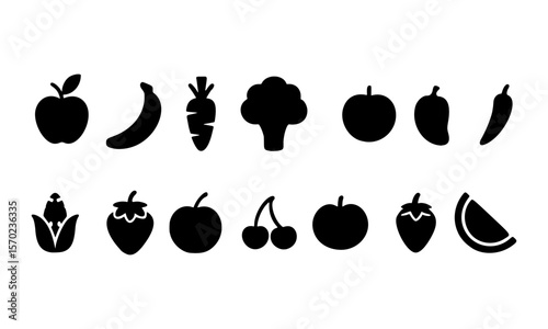Collection of Fruit and Vegetable Icons Black and White Glyph Style