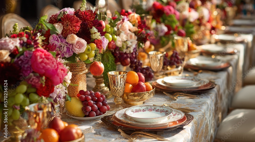 Naklejka premium Long table laden with colorful flowers, fruits and ornate tableware on patterned linen
