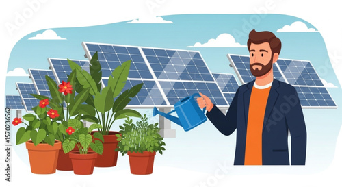  Flat Design Illustration of Person Caring for Potted Plants and Solar Panels