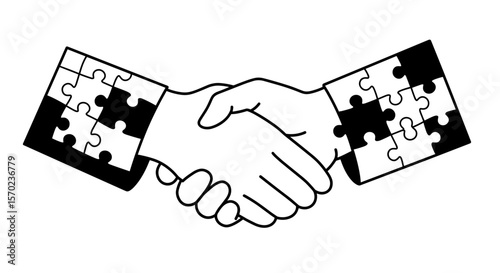 Black and white handshake with puzzle sleeves for teamwork concept