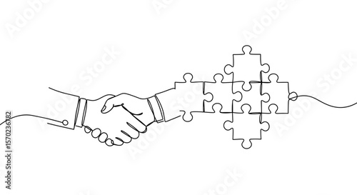 One-line handshake with puzzle pieces for collaboration and unity