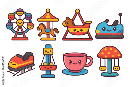 Amusement park icons vector illustration: cute flat style for fun design projects